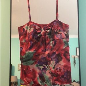 Ann Taylor LOFT Floral Cami Top Red Purple Green Bow Sweetheart Neck Womens 8